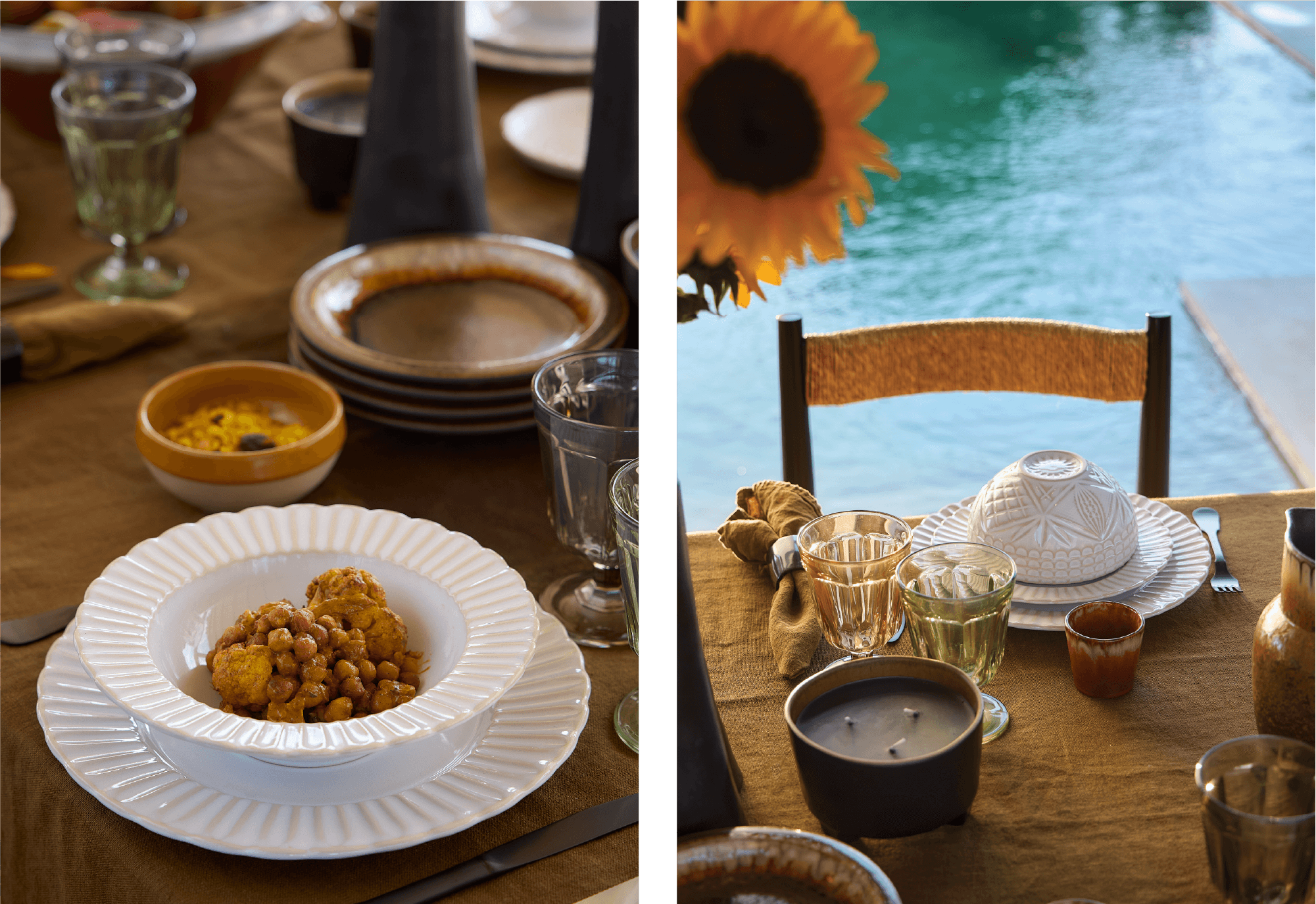 Text Don't be afraid to take risks with description about setting a bohemian-inspired table by mixing colors and materials, and two photographs, white Cristal plate with spiced chickpeas on a rustic table with glasses and earth-toned tableware, and poolside table with sunflower, glasses and candle