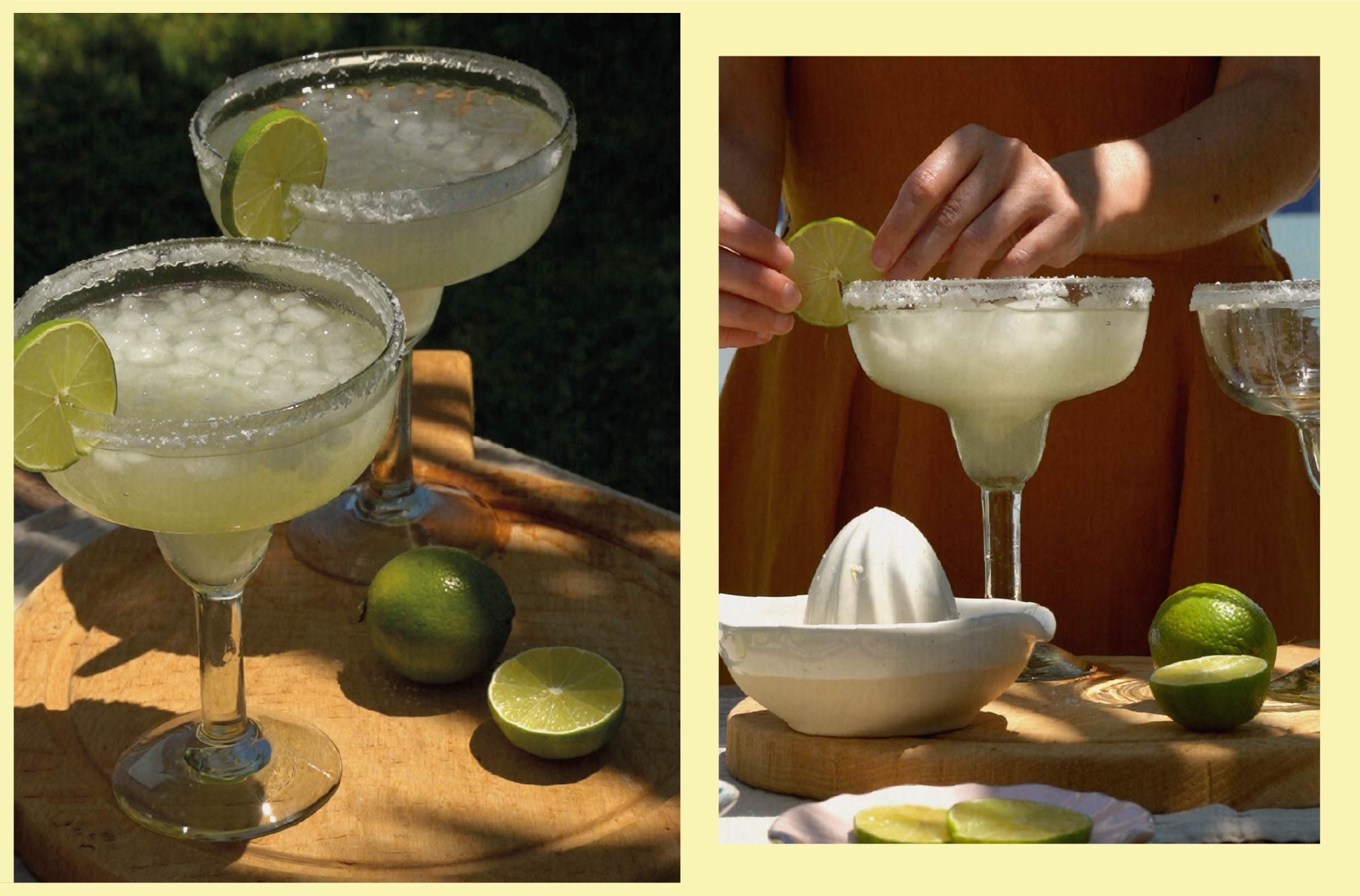 Composite photographs. On the left, two Acapulco glasses with iced margarita, salted rim and lime wheel on a wooden table. On the right, hands garnishing an Acapulco glass with lime next to a juicer and cut limes