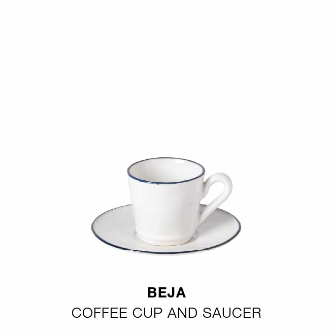 Product grid with Brisa coffee cup and saucer in beige, Vila mug in white and blue, Nótos ristretto cup in white and blue, Arenito espresso cup in seafoam green and terracotta, Beja coffee cup and saucer in white with blue rim, and Pacifica mug in beige