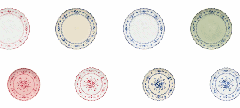 Grid of plates from the Vila collection in different colors, including pink, white, cream and blue, all with a lace-edged floral pattern