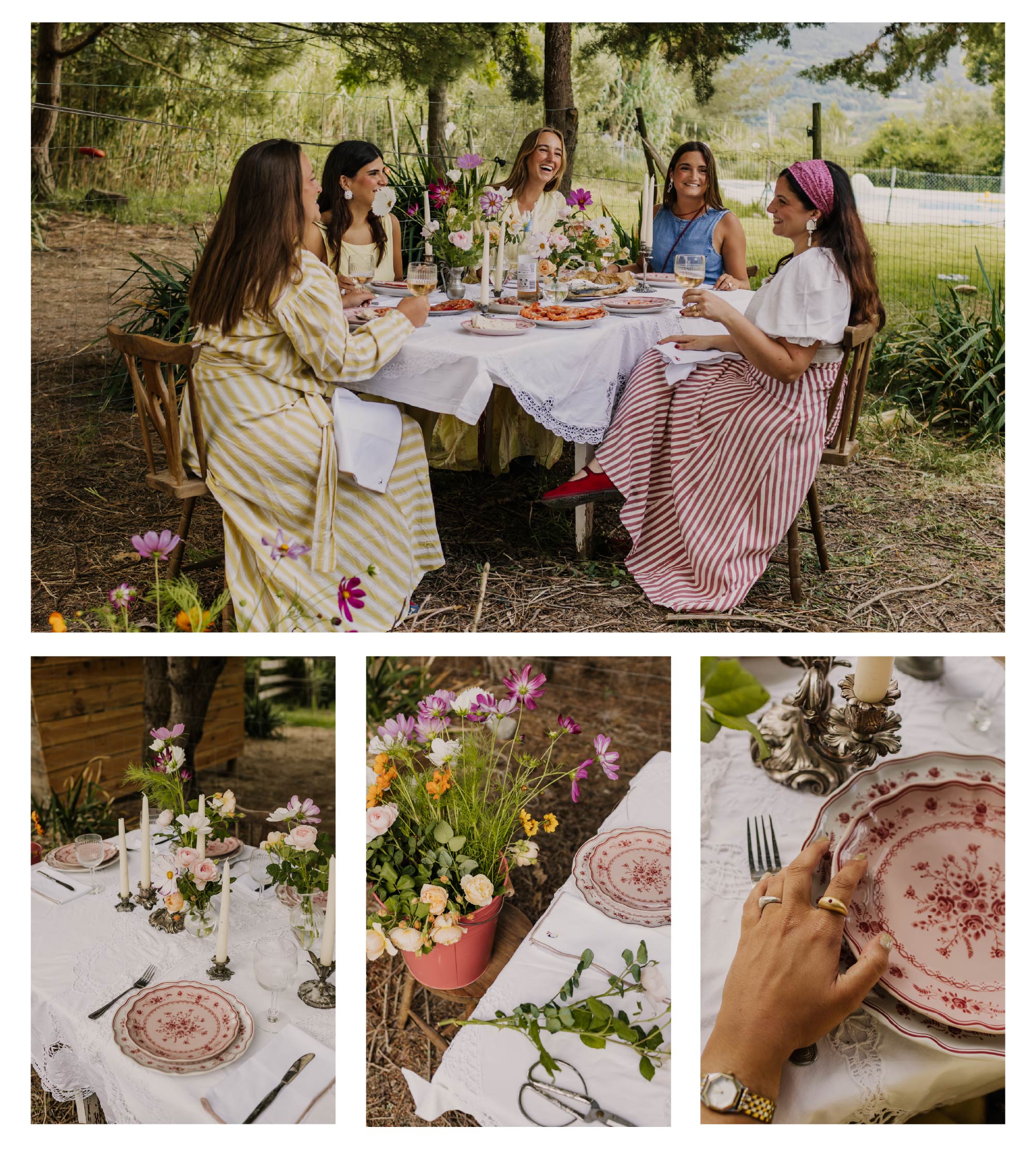 Composite photographs of an outdoor lunch with friends talking and laughing at the table, and three smaller photographs below showing the table setting with candles, a flower arrangement being prepared, and a hand placing a Vila collection plate