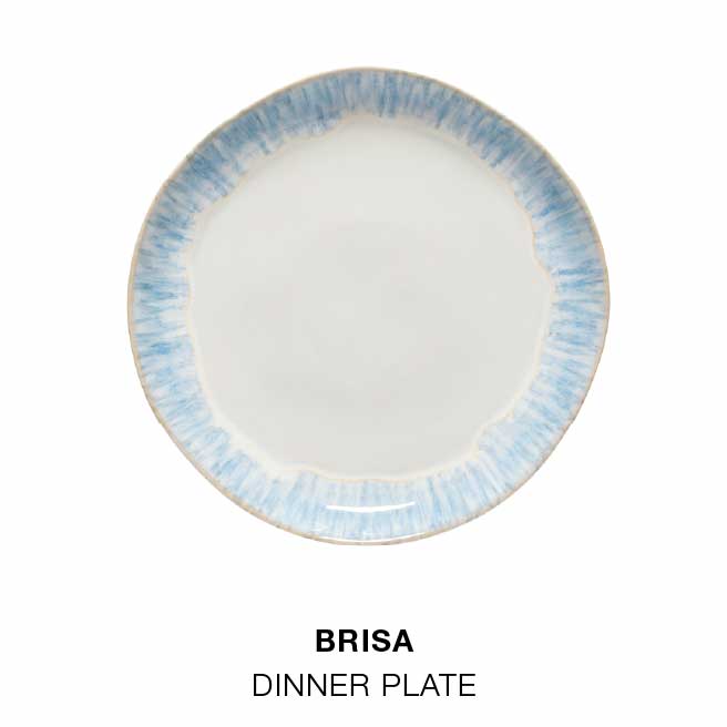 Porch table with Brisa dinnerware in ria blue, bowl and dish with coarse salt and herbs, oval platter with a sprig of lavender, and table set with plates, bowls and wine glasses on a blue tablecloth, with text For lunch on the porch, followed by dinner plate, oval platter and oval bowl in Brisa