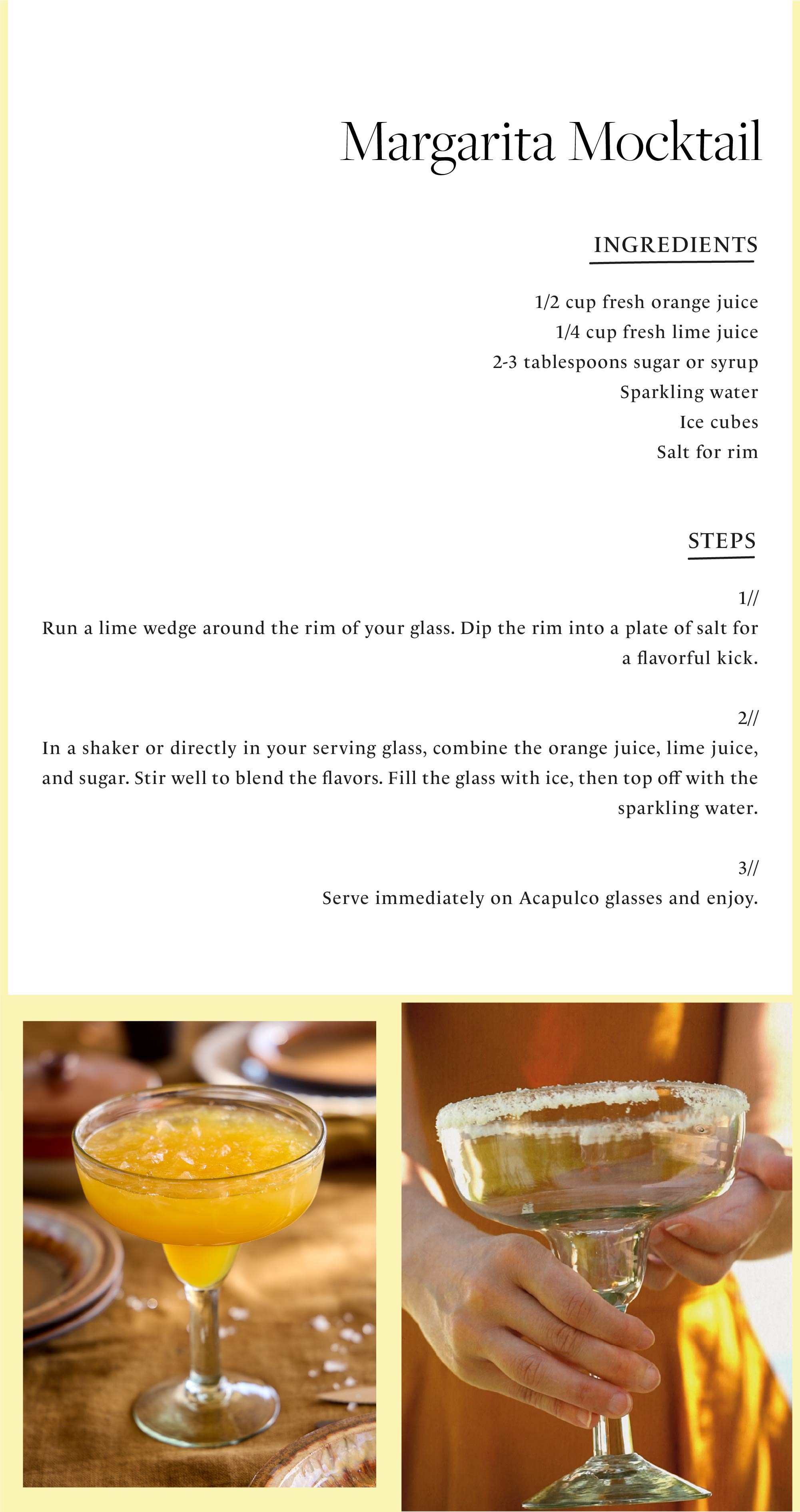 Margarita Mocktail recipe. List of ingredients and steps to prepare the drink with orange juice, lime juice, sugar and sparkling water, served in an Acapulco glass with a salted rim