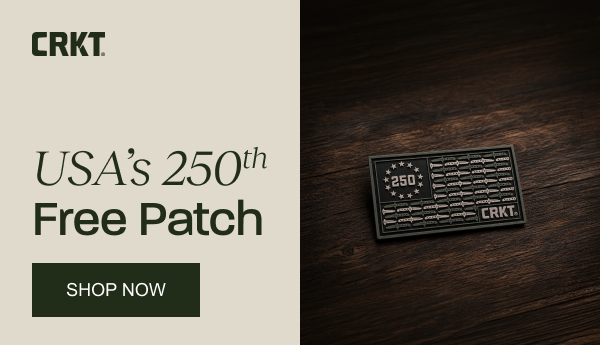 CRKT promotion featuring a free USA 250th anniversary patch with qualifying purchases over $100.