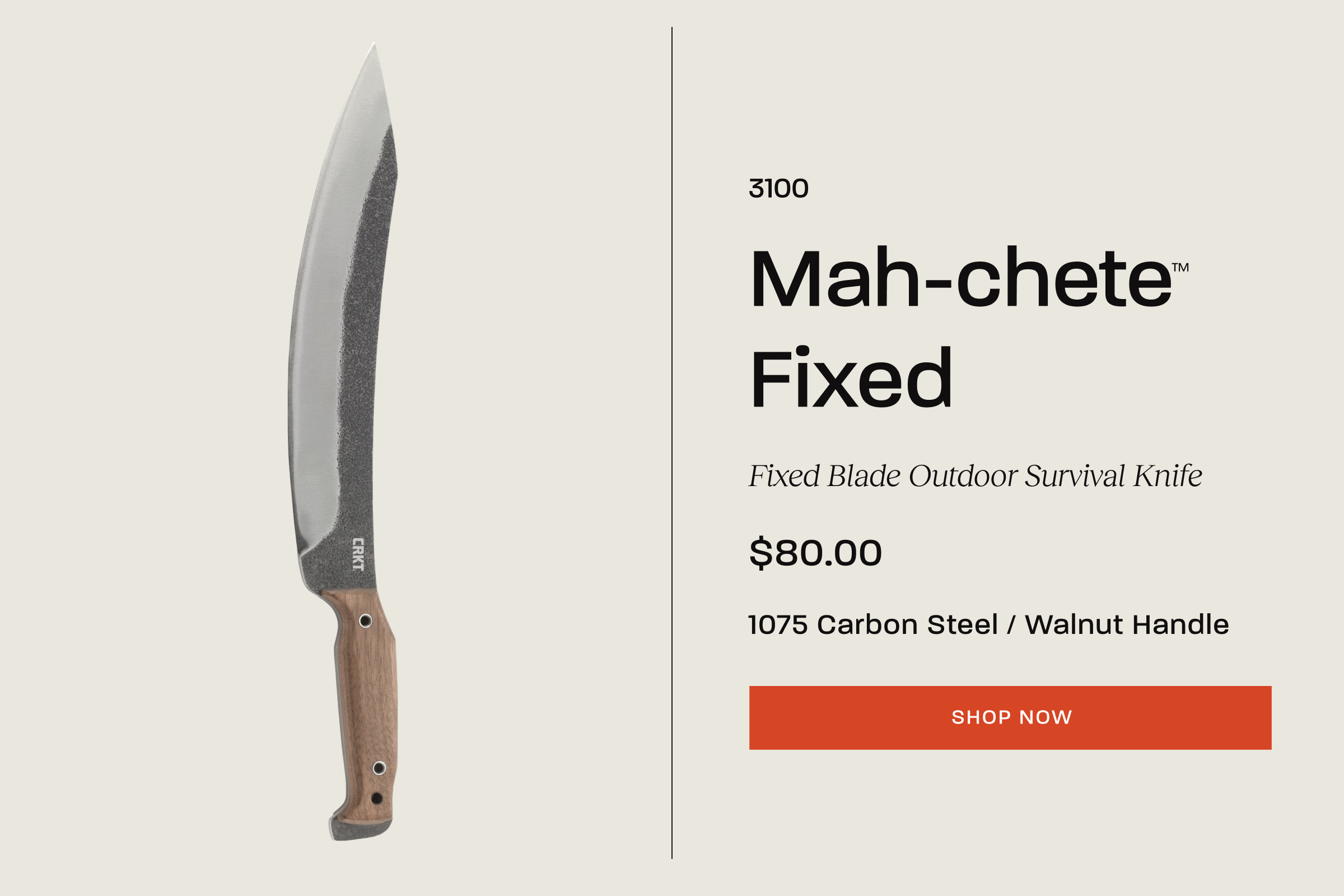 CRKT Mah-chete fixed blade outdoor survival knife with 1075 carbon steel blade and walnut handle. Price shown is $80.