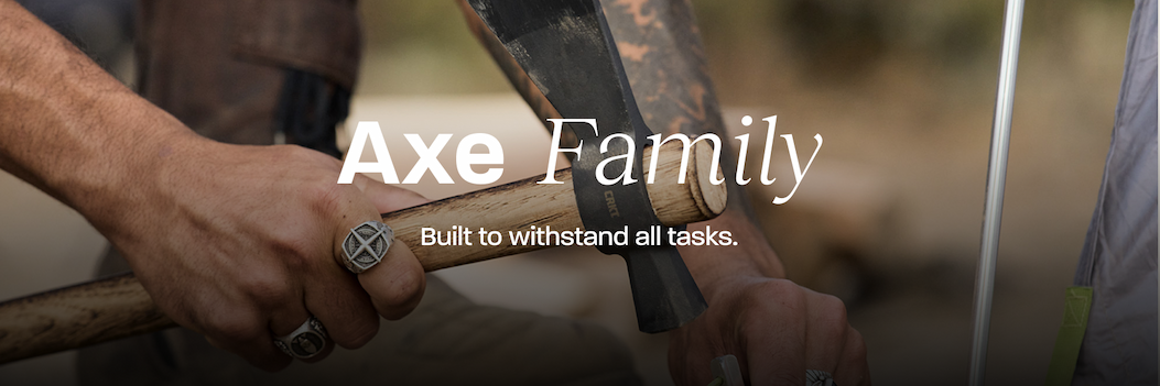 Person using a CRKT axe outdoors with the headline “Axe Family” and the message “Built to withstand all tasks.