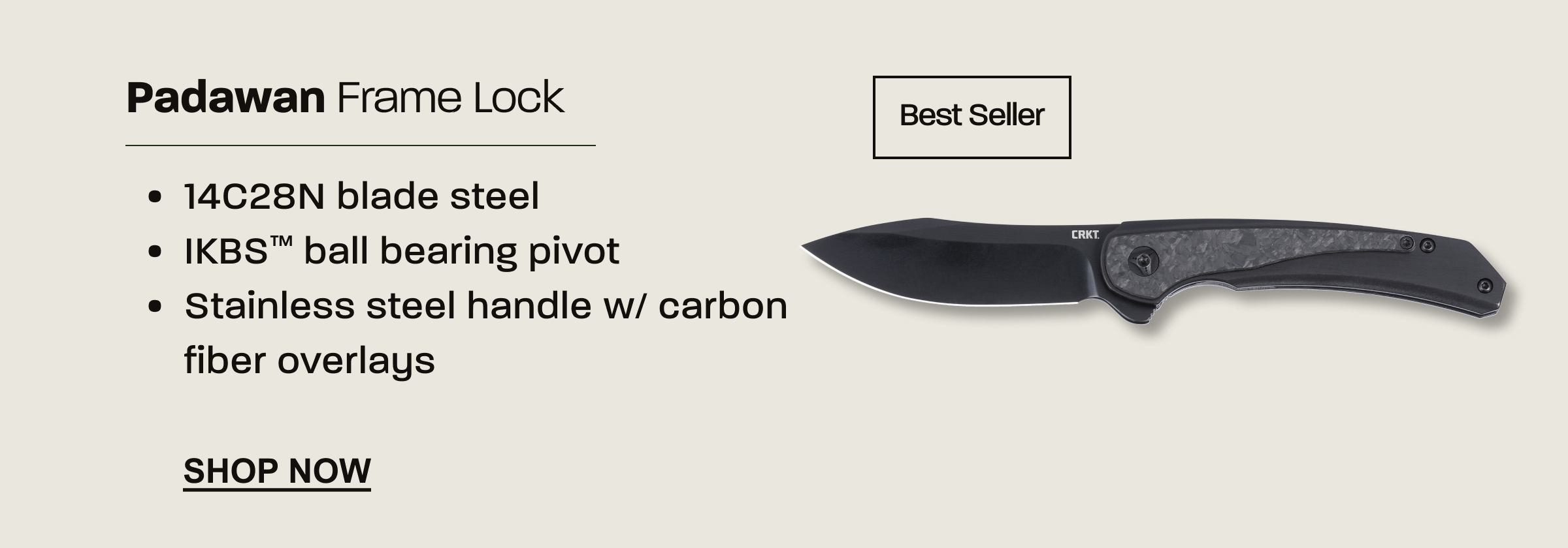 Padawan frame lock folding knife with carbon fiber overlay handle.