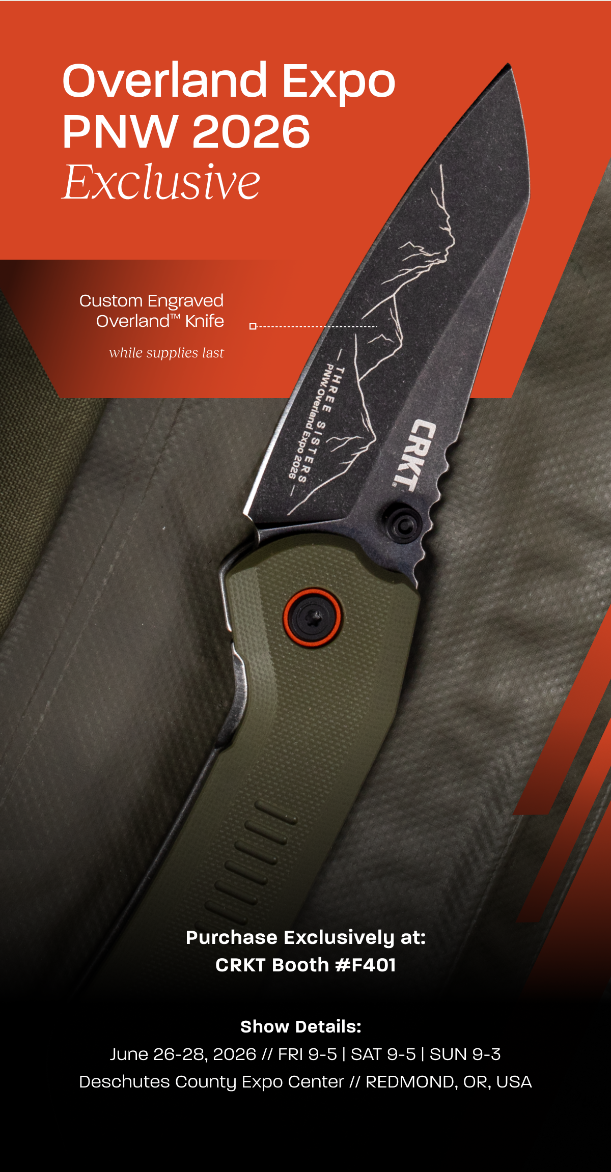 CRKT Overland folding knife with custom Overland Expo PNW 2026 engraving.