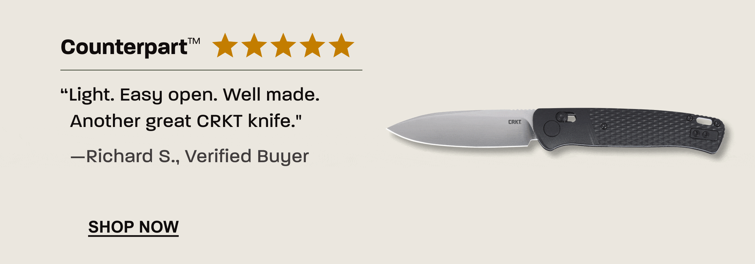 Animated product card for the CRKT Counterpart knife. A five-star customer review from Richard S. appears alongside the knife image, followed by a 'Shop Now' button inviting viewers to learn more