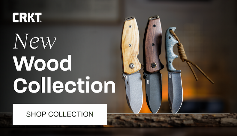 3 new wood handled knives with a shop collection button