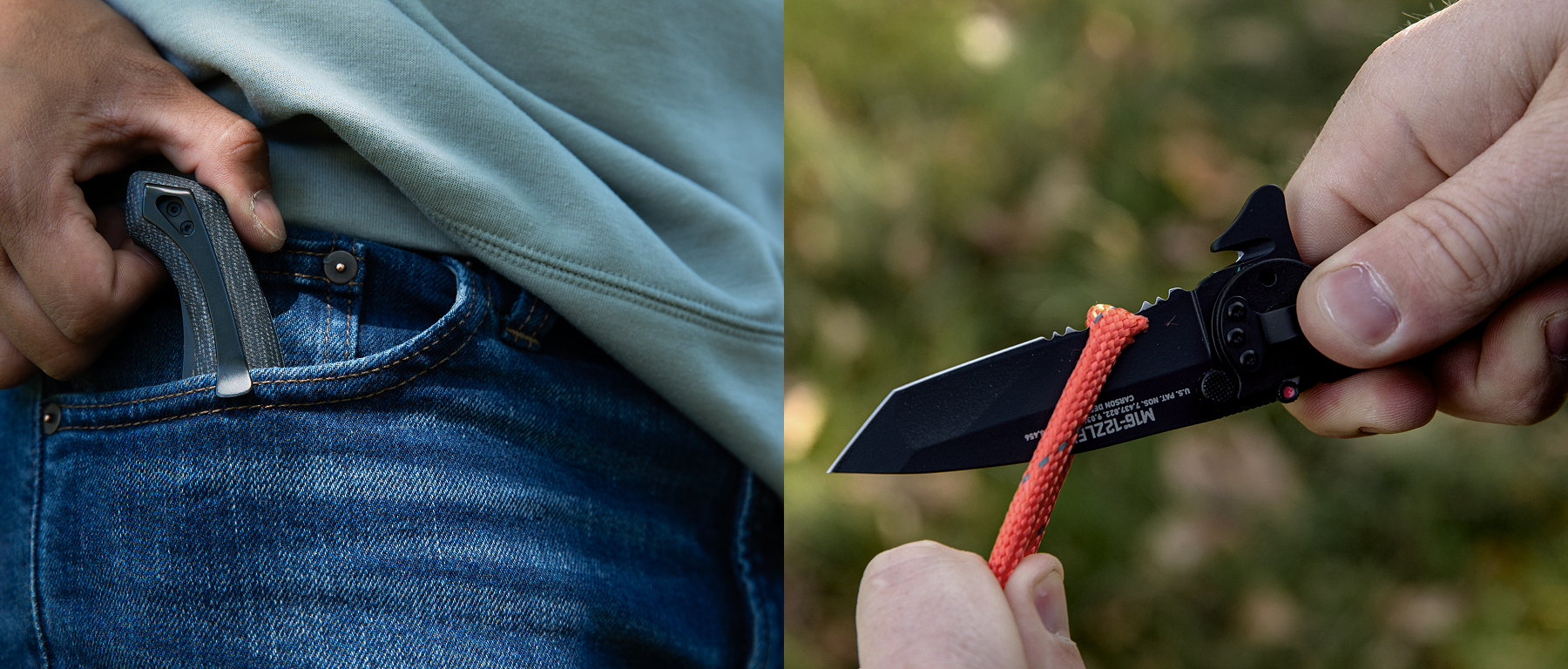 Everyday carry folding knife shown clipped in a pocket and cutting rope.