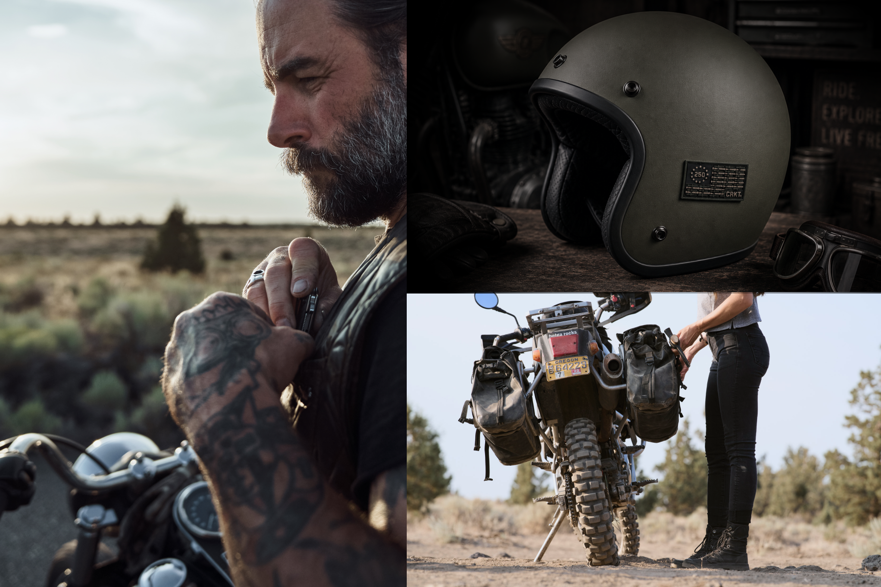 Collage featuring an American-made CRKT knife, craftsman, and aviation-inspired workshop.