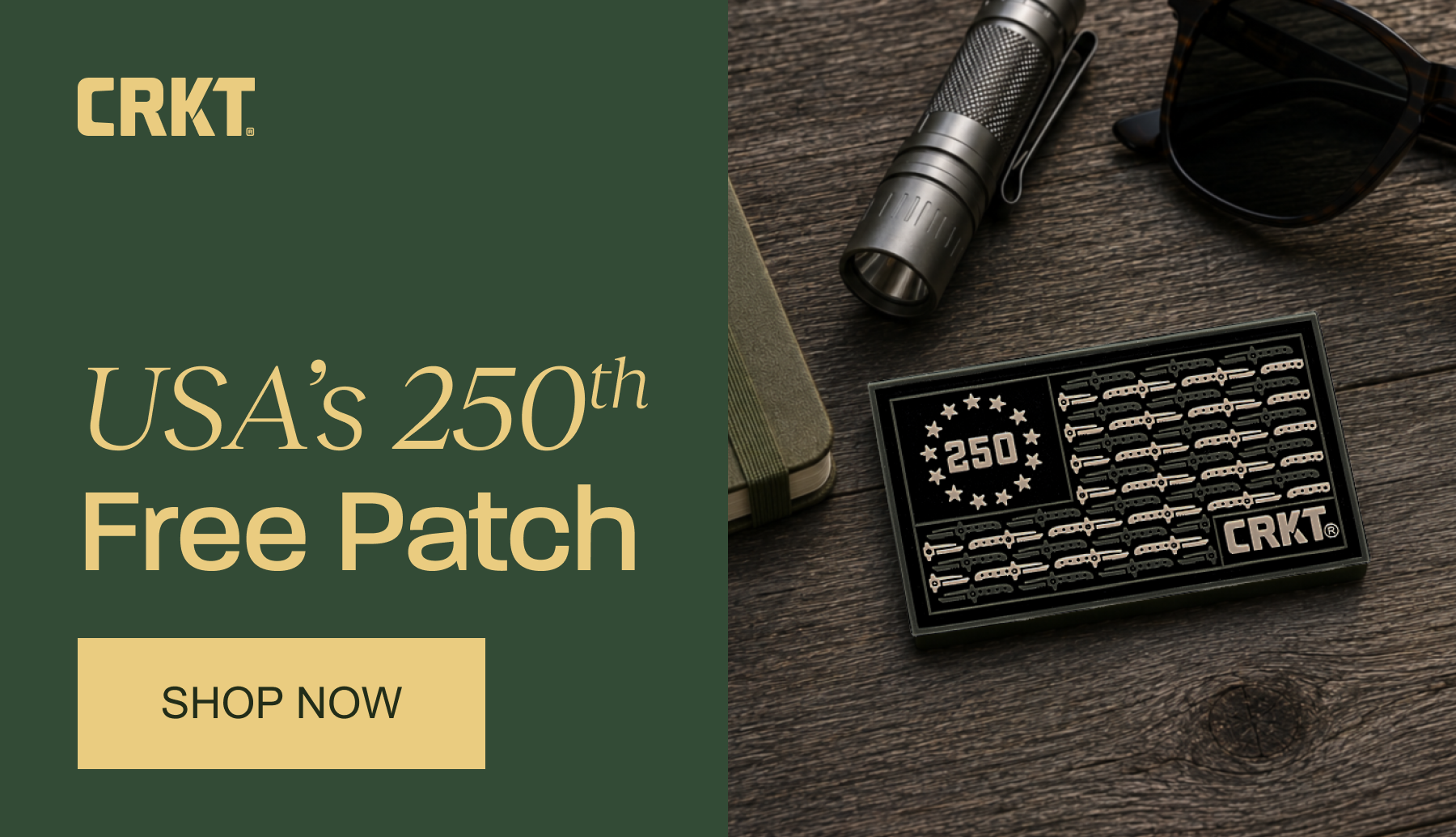 CRKT promotion featuring a free USA 250th anniversary patch with qualifying purchases over $100.