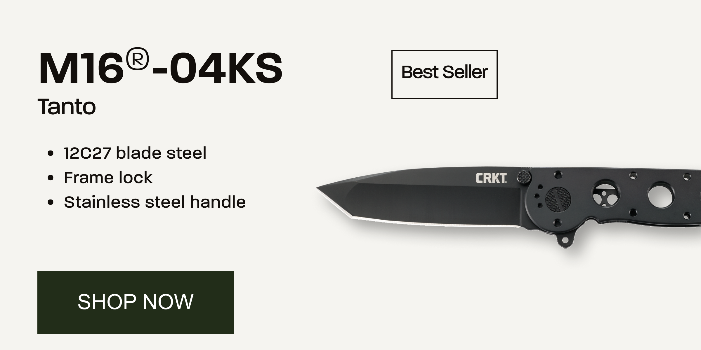 M16 folding knife product feature showcasing the knife alongside key specifications and features.
