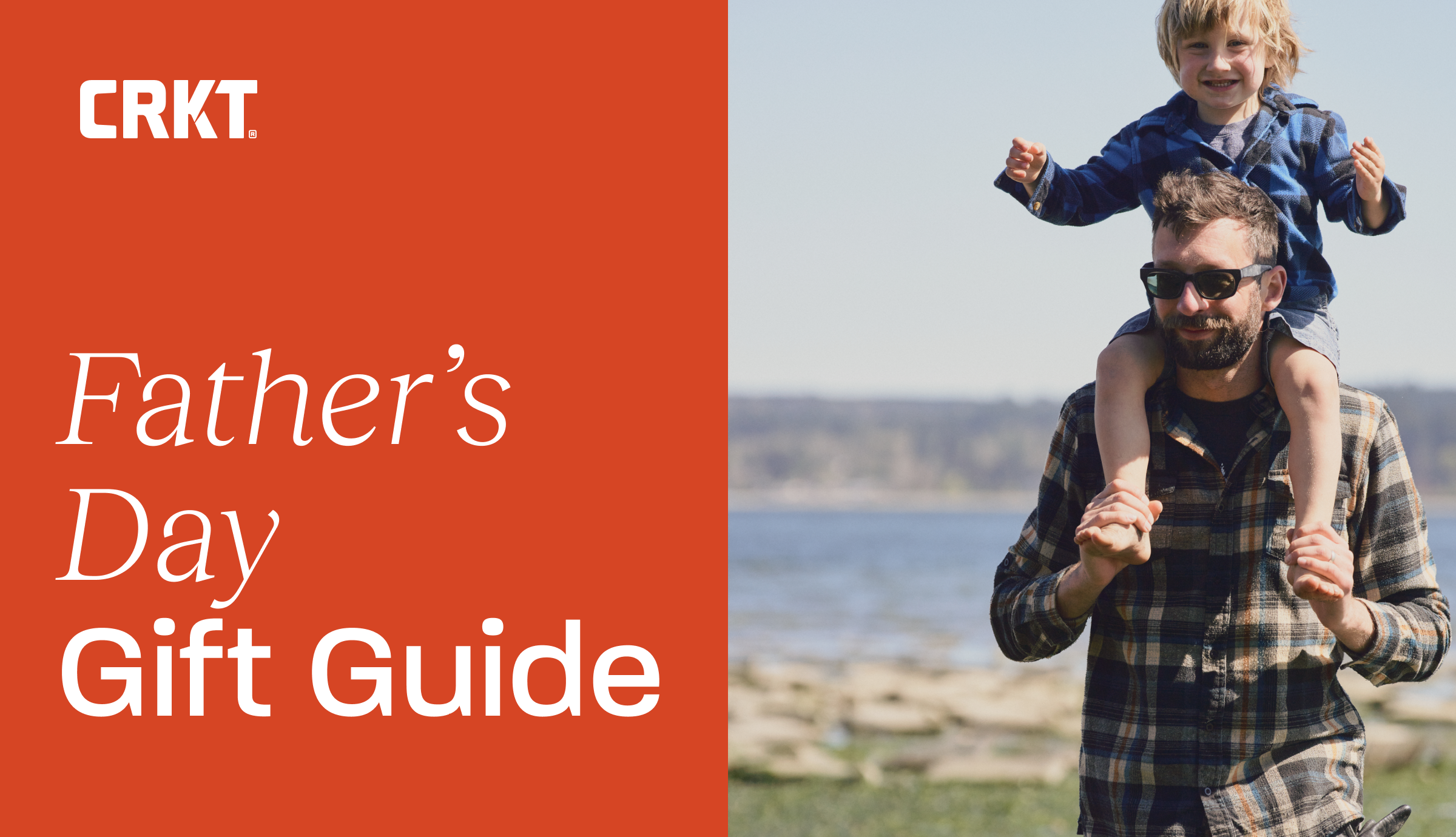 Father's Day Gift Guide banner featuring a dad carrying his son on his shoulders with "Father's Day Gift Guide" text overlay.