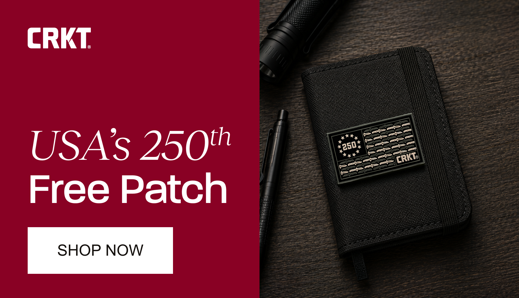 CRKT promotion featuring a free USA 250th anniversary patch with qualifying purchases over $100.