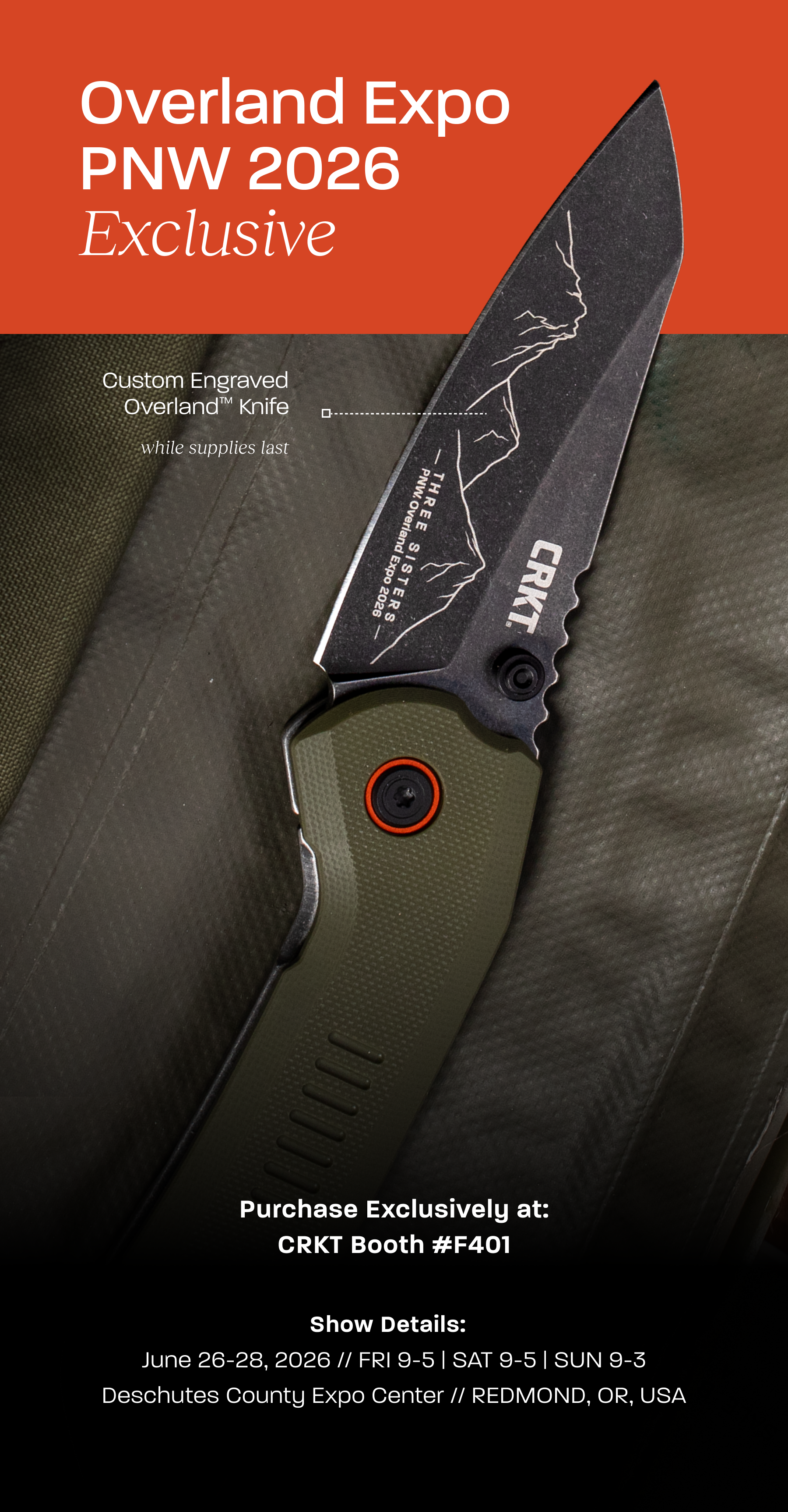 CRKT Overland folding knife with custom Overland Expo PNW 2026 engraving.