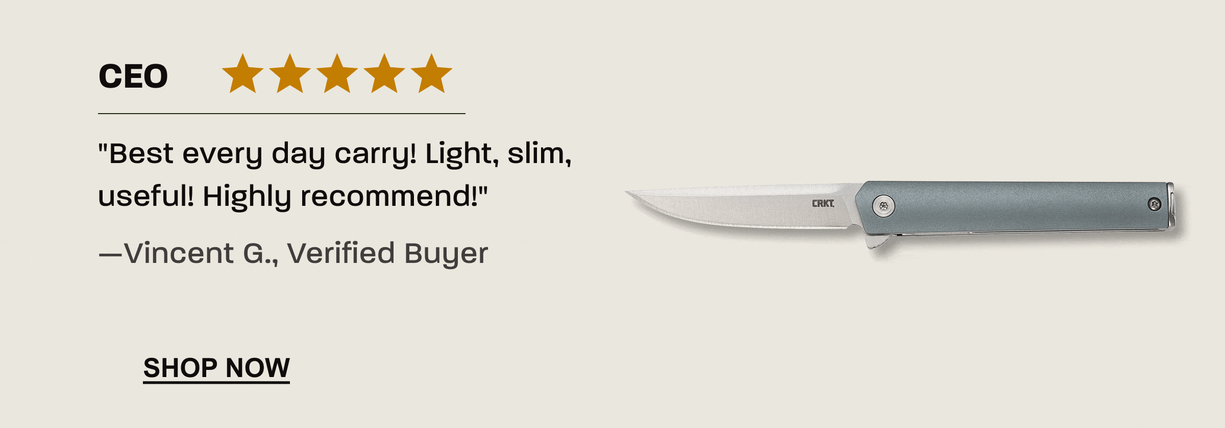 Animated product card showcasing the CRKT CEO Compact folding knife with a five-star customer review and Shop Now link