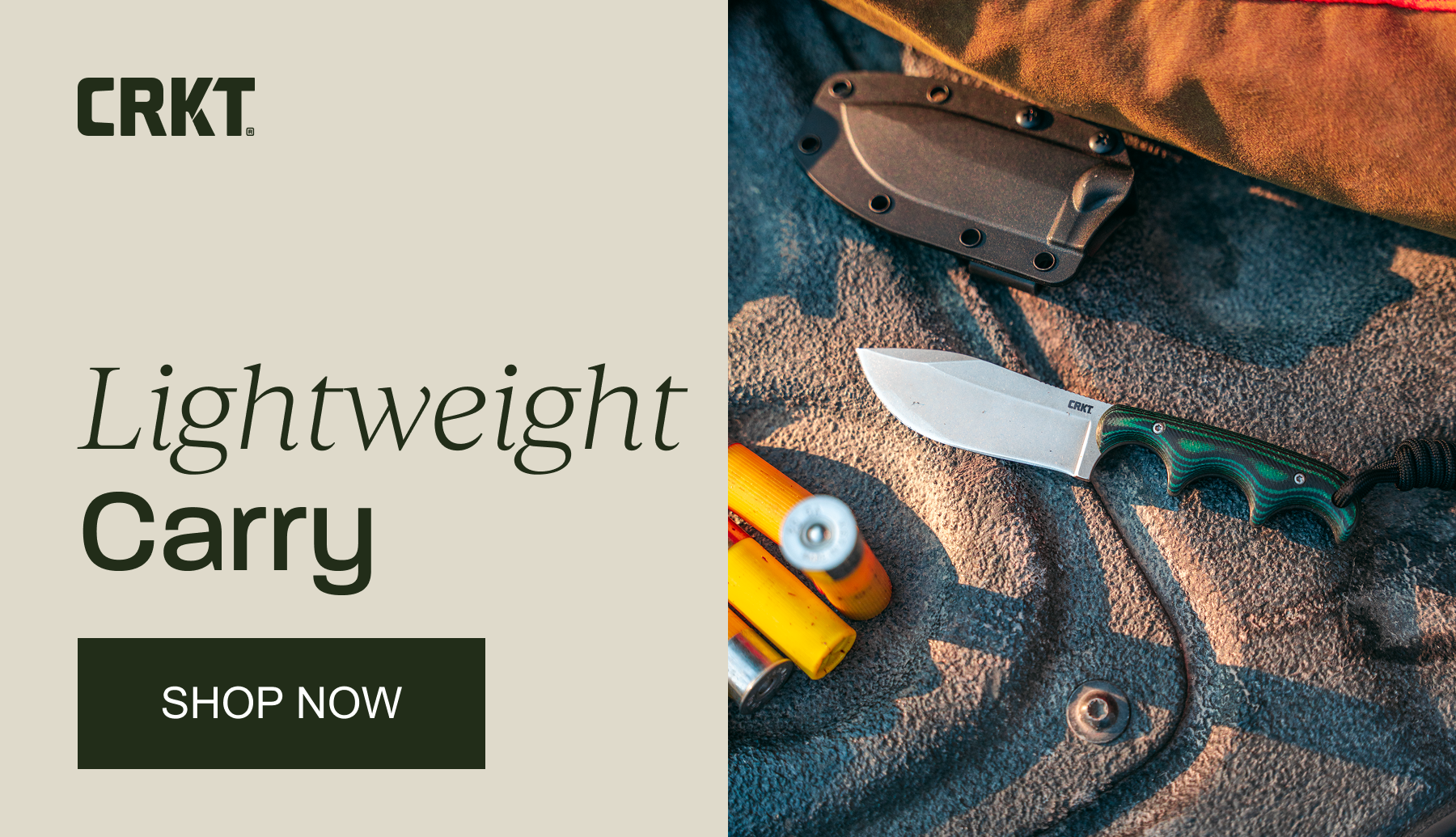 CRKT Lightweight Carry collection featuring a compact fixed-blade knife and sheath outdoors. Shop lightweight everyday carry gear.