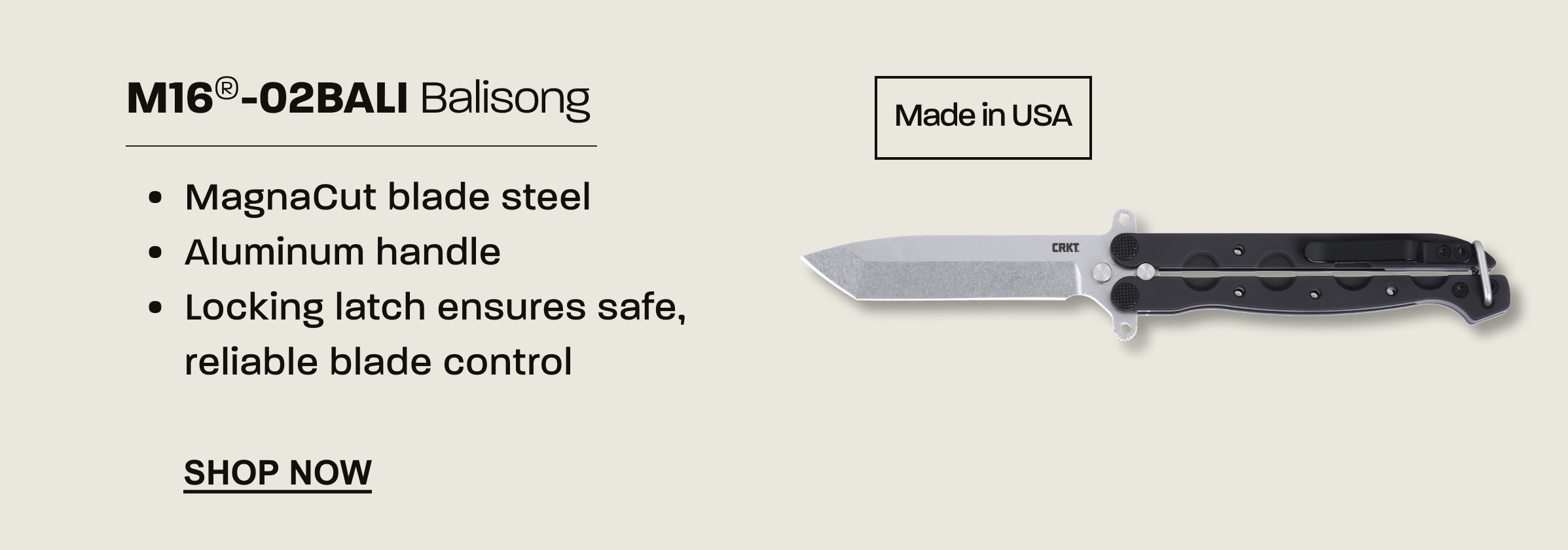 M16-02BALI balisong knife made in the USA with MagnaCut blade steel.