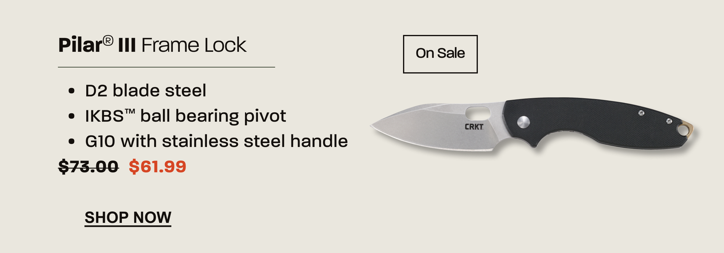 Pilar III folding knife with D2 blade steel and G10 handle.