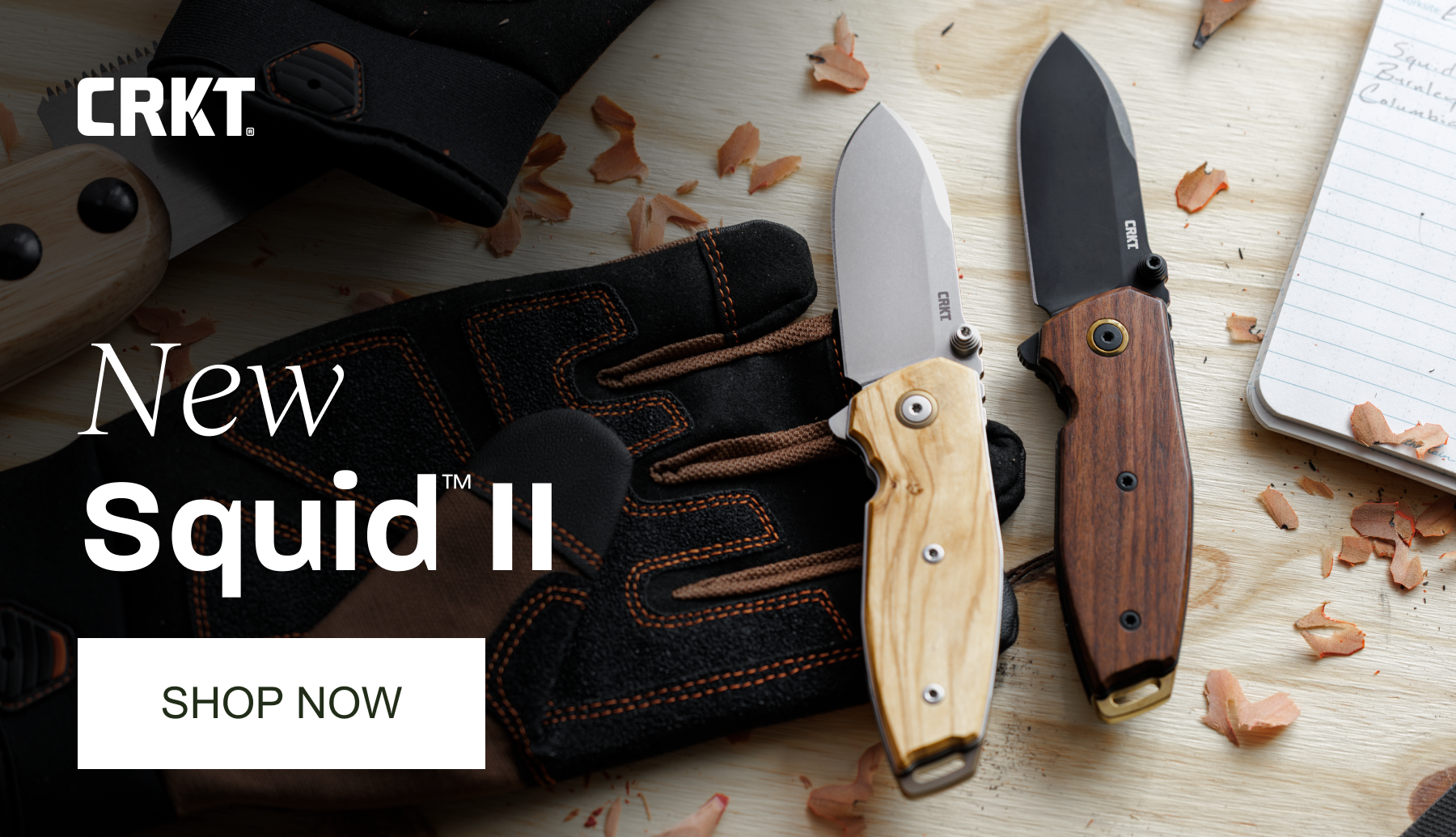 3 new wood handled knives with a shop collection button