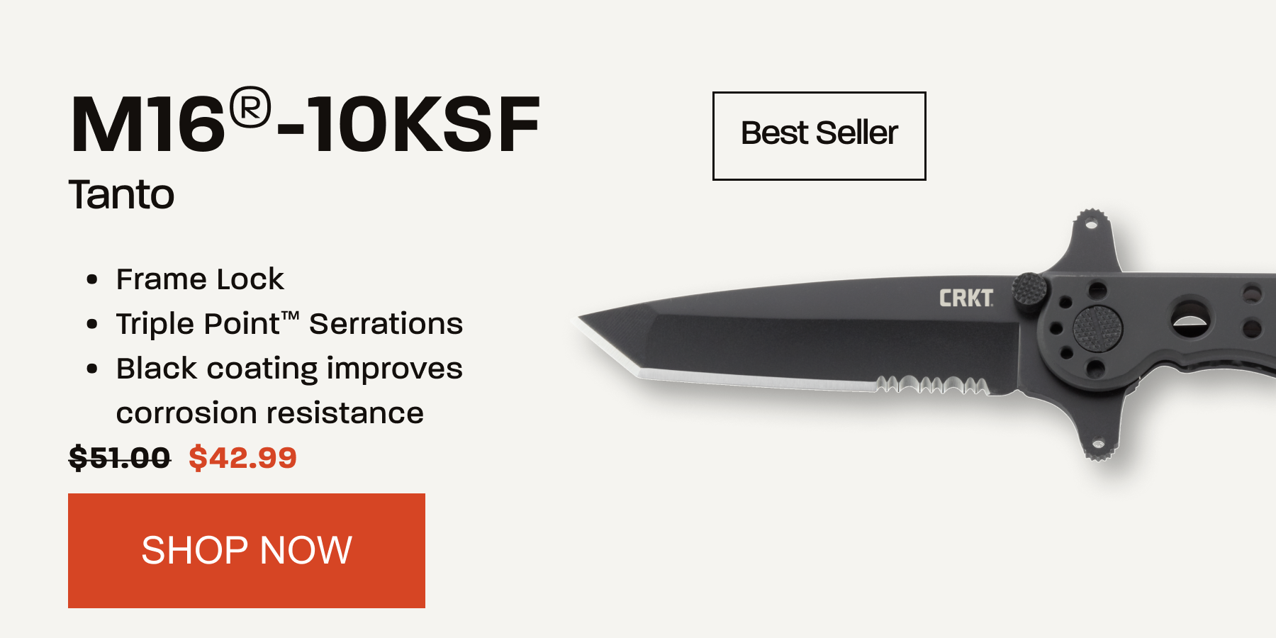 CRKT M16-10KSF Tanto folding knife featuring a frame lock, Triple Point serrations, and corrosion-resistant black coating. Best Seller. Sale price $42.99