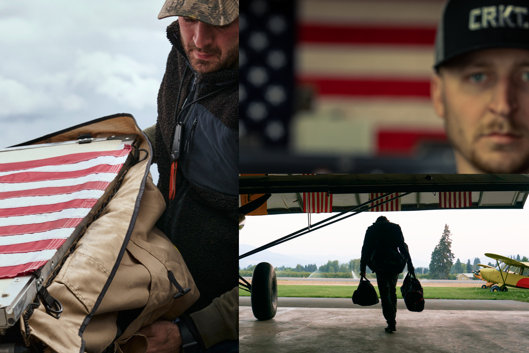 Collage featuring an American-made CRKT knife, craftsman, and aviation-inspired workshop.