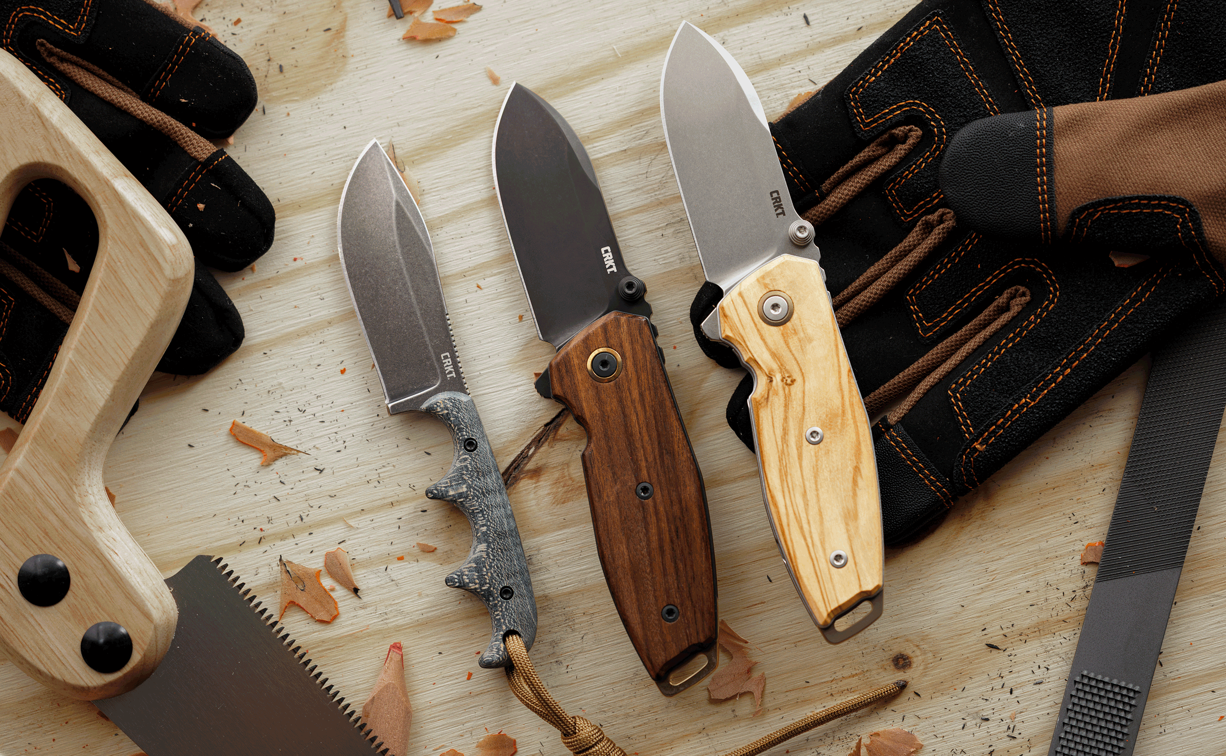 3 image GIF of new wood handled knifes