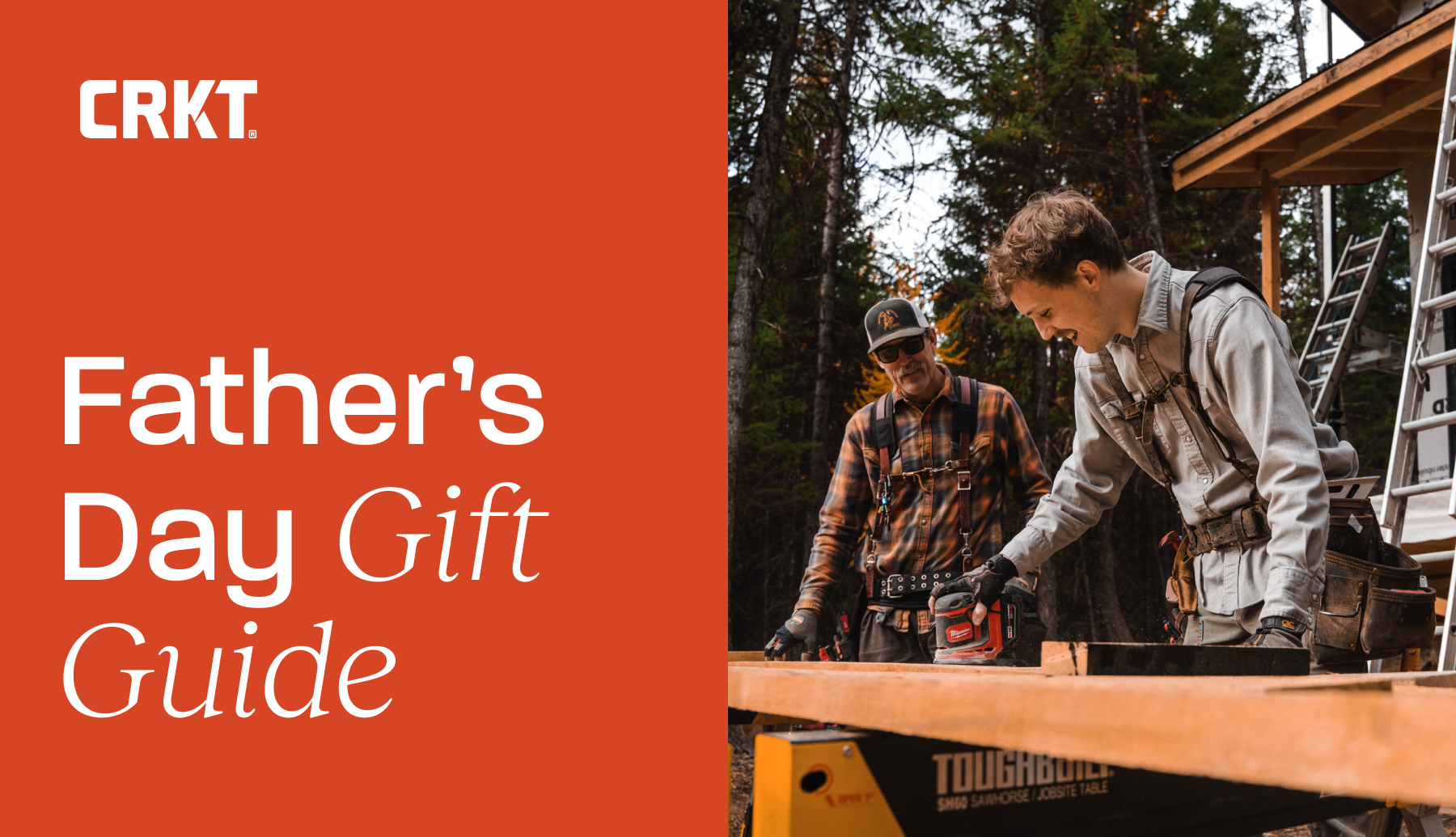 CRKT Father's Day Gift Guide with father and son woodworking outdoors.