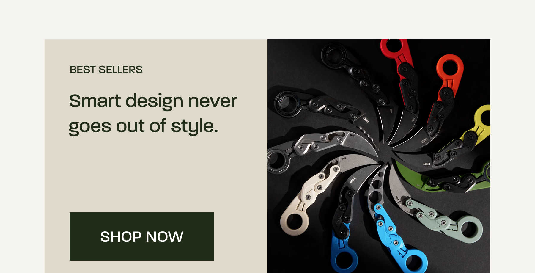 CRKT Best Sellers promotion showcasing a collection of folding knives and a Shop Now call-to-action