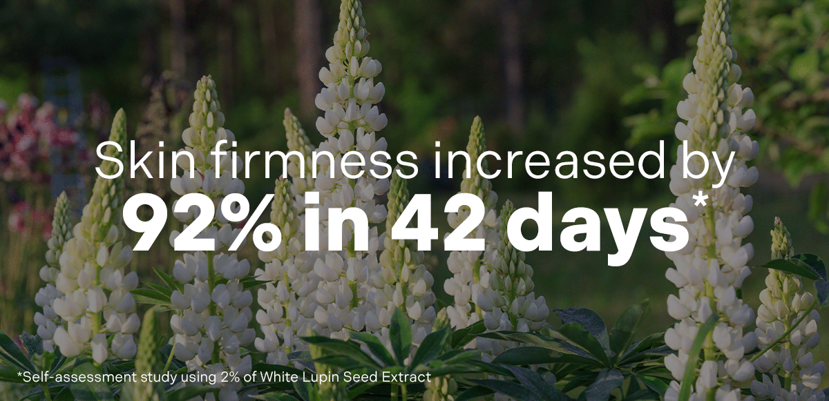 an image of a field of white flowers with a text overlay that reads skin firmness increased