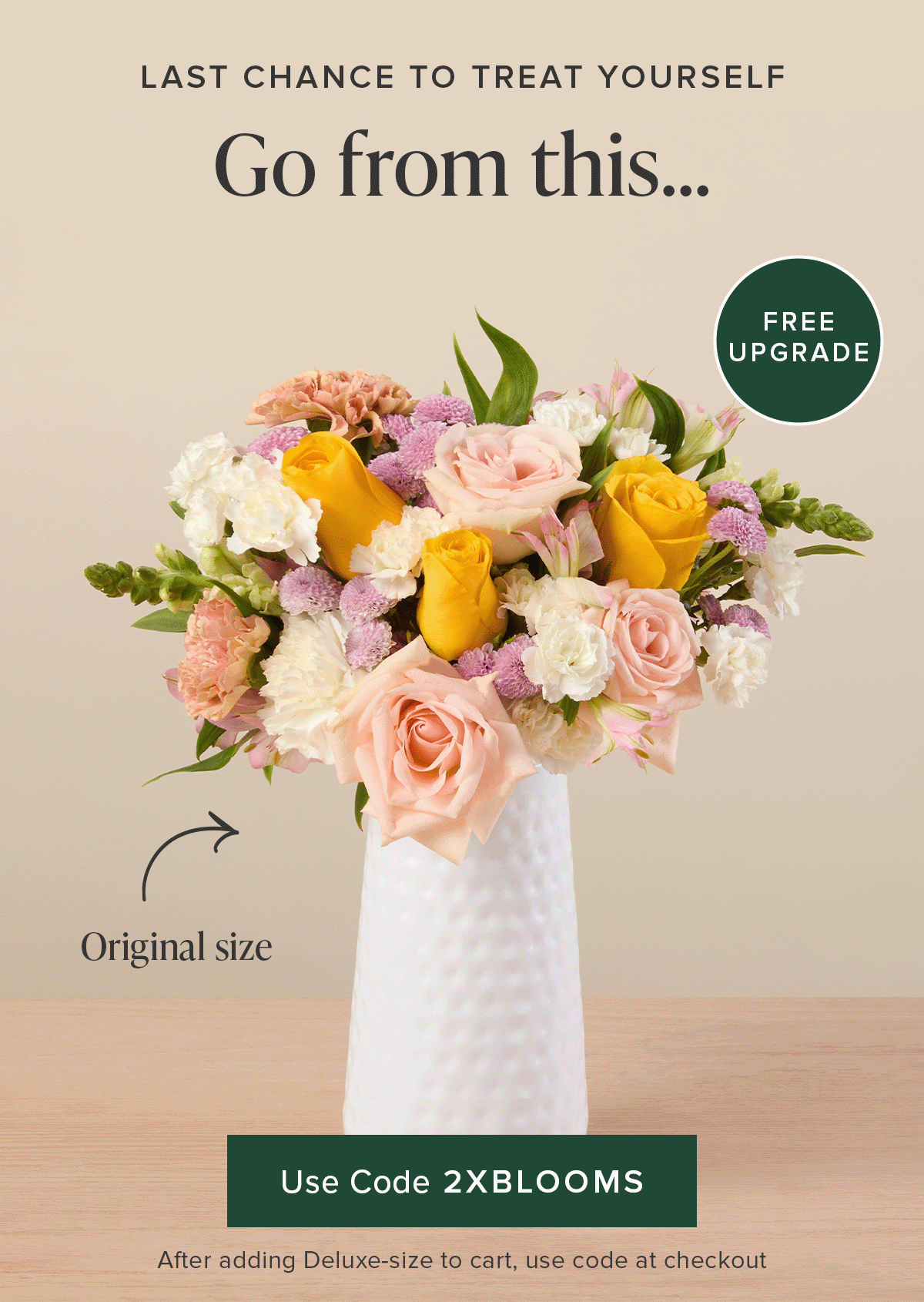 Last Chance to Treat Yourself. Go from an original size bouq to a deluxe size for FREE. Use code 2XBLOOMS at checkout. 