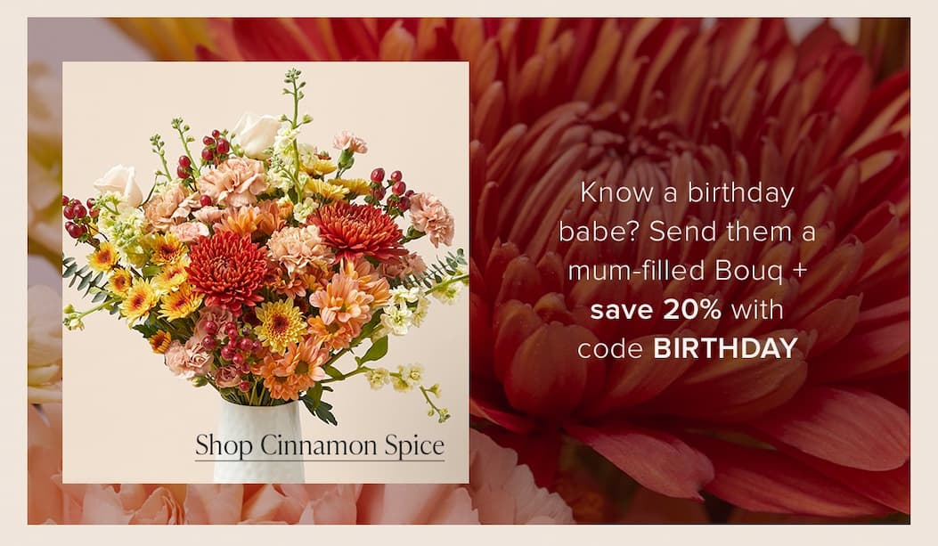 Know a birthday babe? Send them a mum-filled Bouq + save 20% with code BIRTHDAY. Order Cinnamon Spice. 
