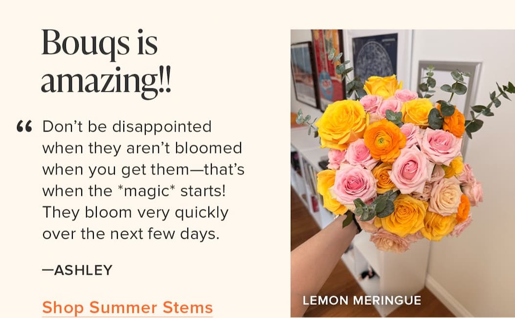 "Bouqs is amazing!! Don't be disappointed when they aren't bloomed when you get them—that’s when the *magic* starts! They bloom very quickly over the next few days."  - Ashley. Shop Summer Stems