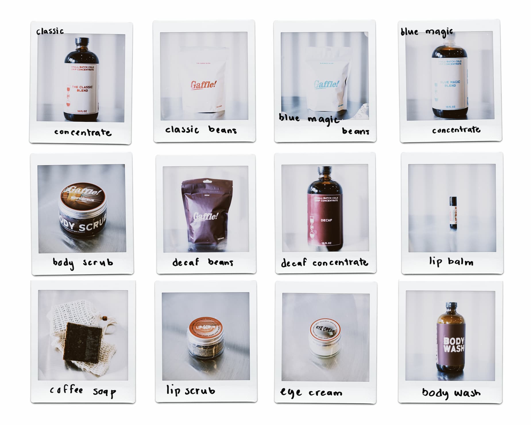 The Gaffle skincare line and coffee beans