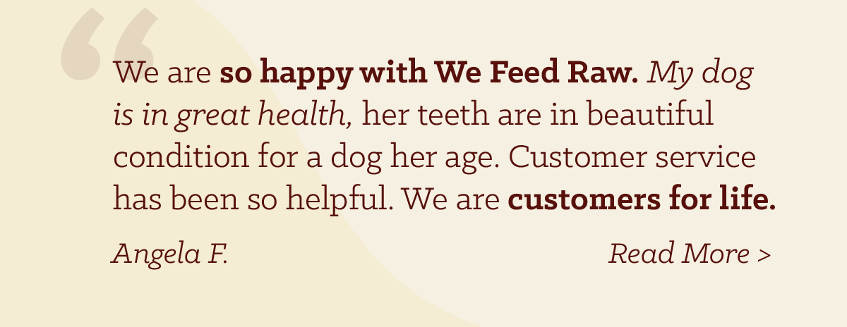 We are so happy with We Feed Raw. My dog is in great health, her teeth are in beautiful condition for a dog hear age. Customer service has been so helpful. We are customers for life. Angela F. Read More >