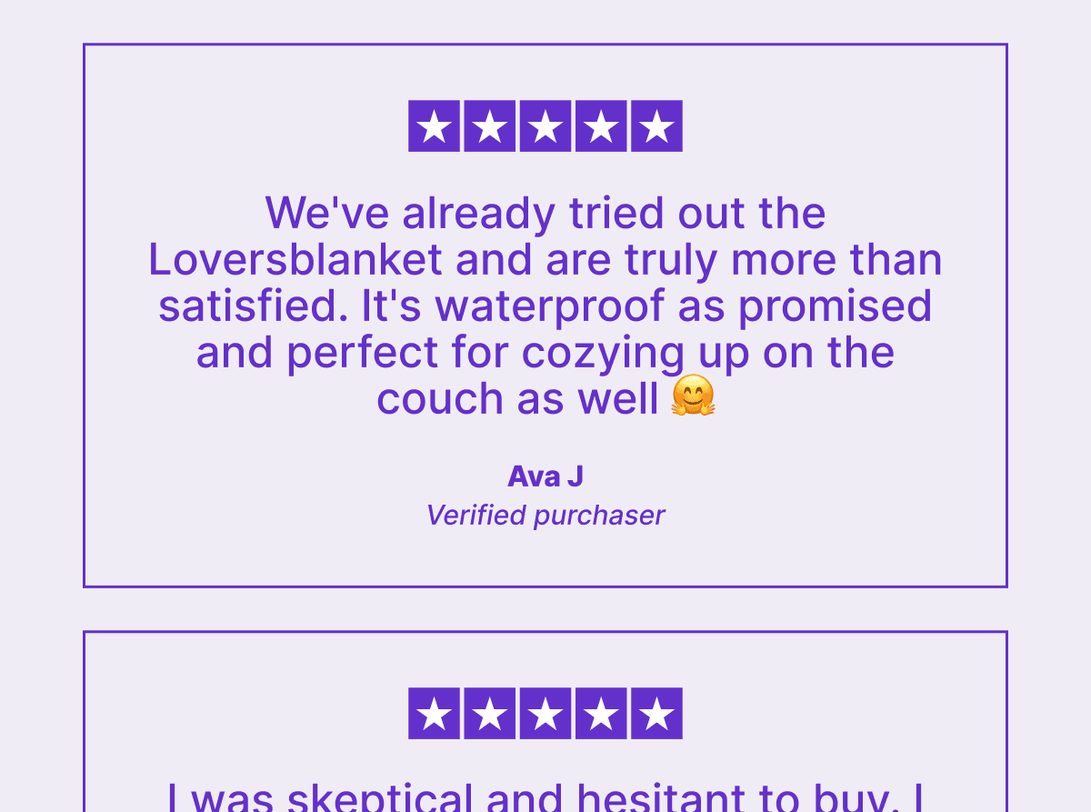 A five-star review from a verified customer called Ava J. saying: We've already tried out the Loversblanket and are truly more than satisfied. It's waterproof as promised and perfect for cozying up on the couch as well