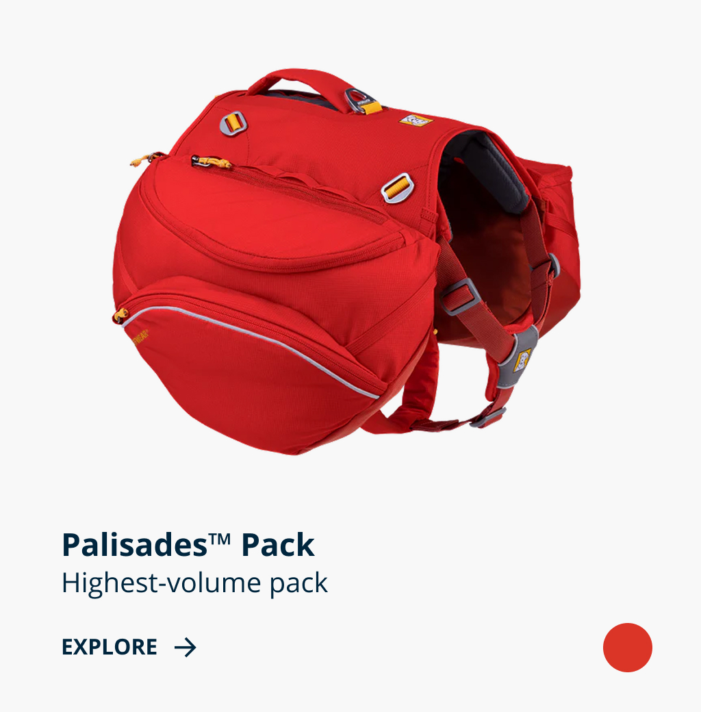 Palisades™ Dog Backpack in Red Sumac with the words Highest-volume pack EXPLORE >