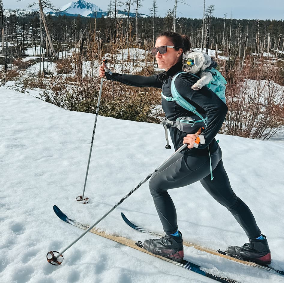 Vita carries her dog, Lucky, in the Hitch Hiker Backpack Carrier while skiing