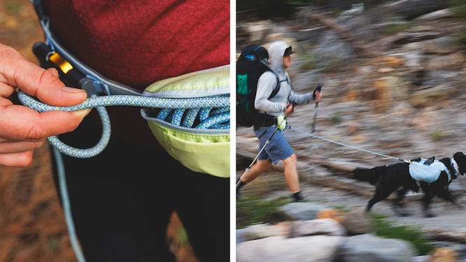 An up close shot of the Hitch Hiker Leash in its case. A long shot of a human and dog trekking with the HItch Hiker Leash.