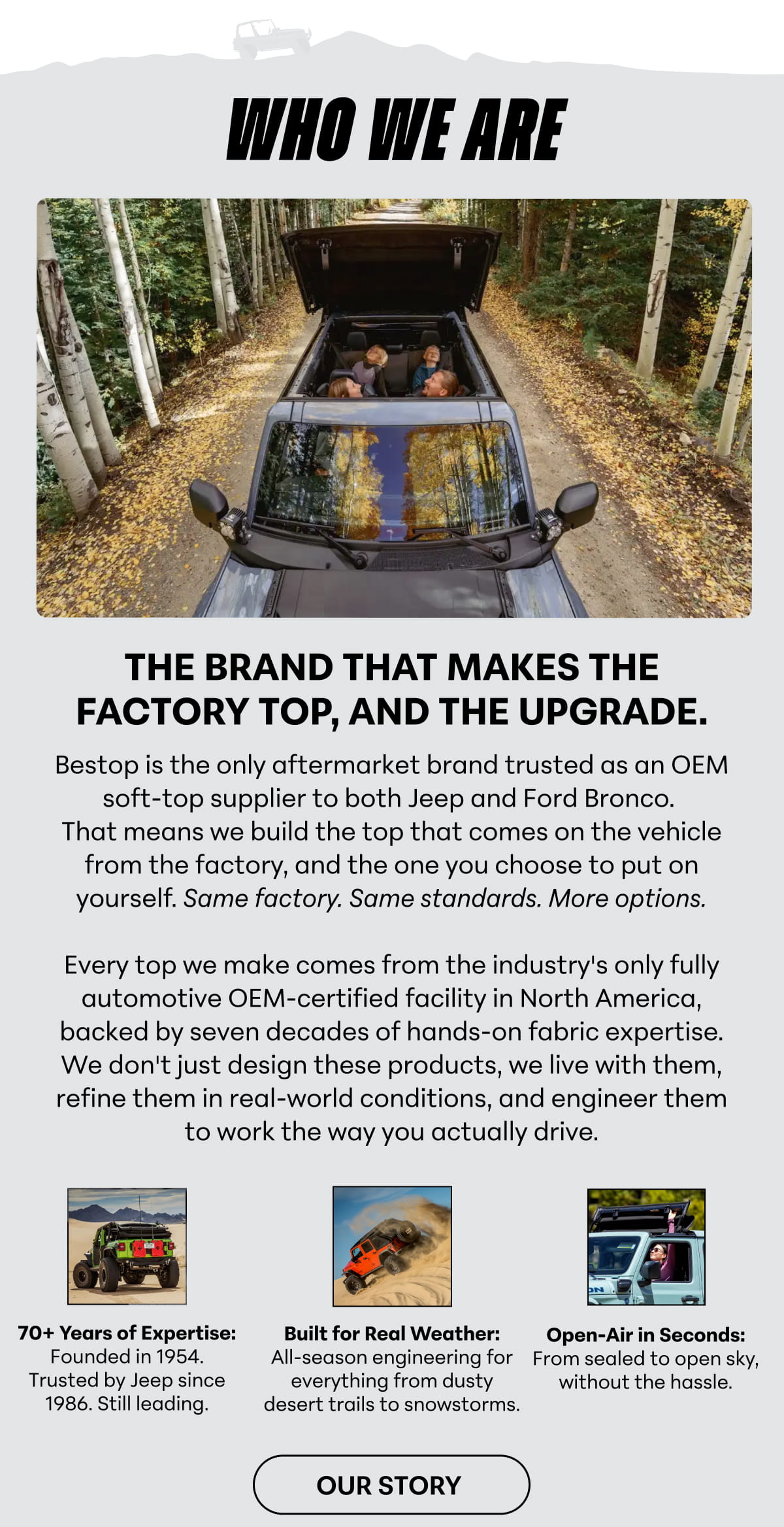 WHO WE ARE. the Brand That Makes the Factory Top, and the Upgrade. Bestop is the only aftermarket brand trusted as an OEM soft-top supplier to both Jeep and Ford Bronco.  That means we build the top that comes on the vehicle from the factory, and the one you choose to put on yourself. Same factory. Same standards. More options.  Every top we make comes from the industry's only fully automotive OEM-certified facility in North America, backed by seven decades of hands-on fabric expertise. We don't just design these products, we live with them, refine them in real-world conditions, and engineer them to work the way you actually drive. 70+ Years of Expertise: Founded in 1954. Trusted by Jeep since 1986. Still leading. Built for Real Weather: All-season engineering for everything from dusty desert trails to snowstorms. Open-Air in Seconds: From sealed to open sky, without the hassle. OUR STORY