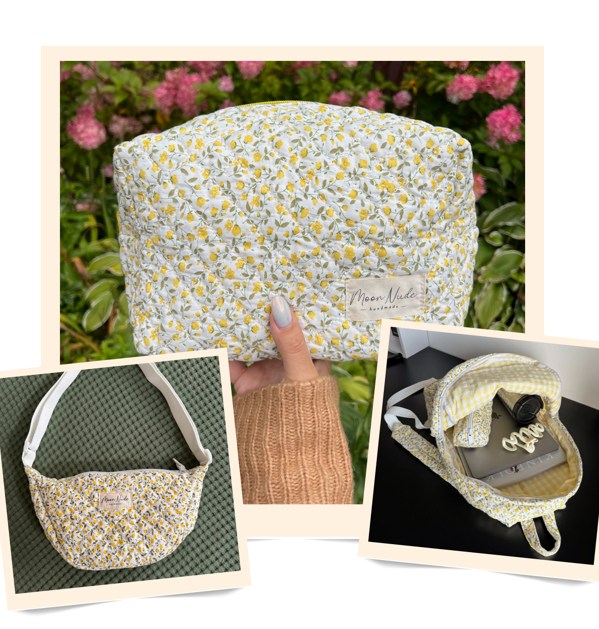 A floral-patterned bag displayed in three images with a hand holding it.