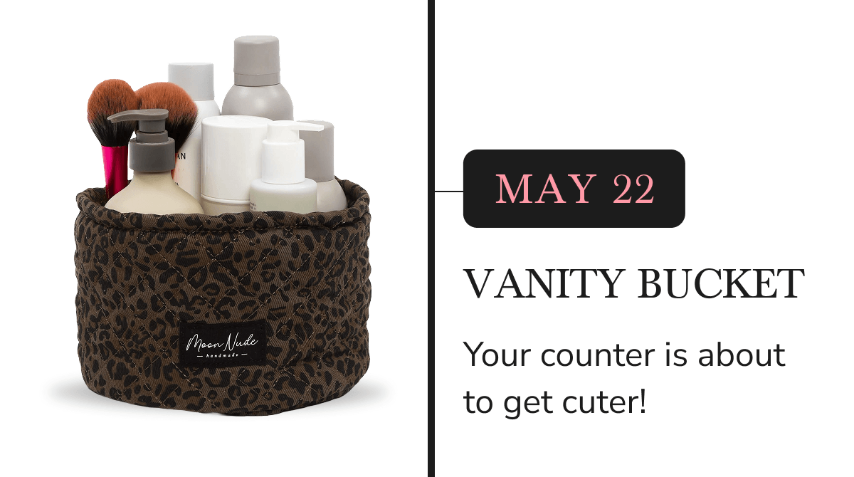 A leopard print vanity bucket filled with beauty products and brushes.