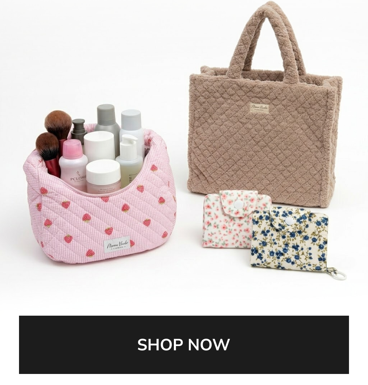 Cosmetic bags and organizers in various colors with a 'Shop Now' button.