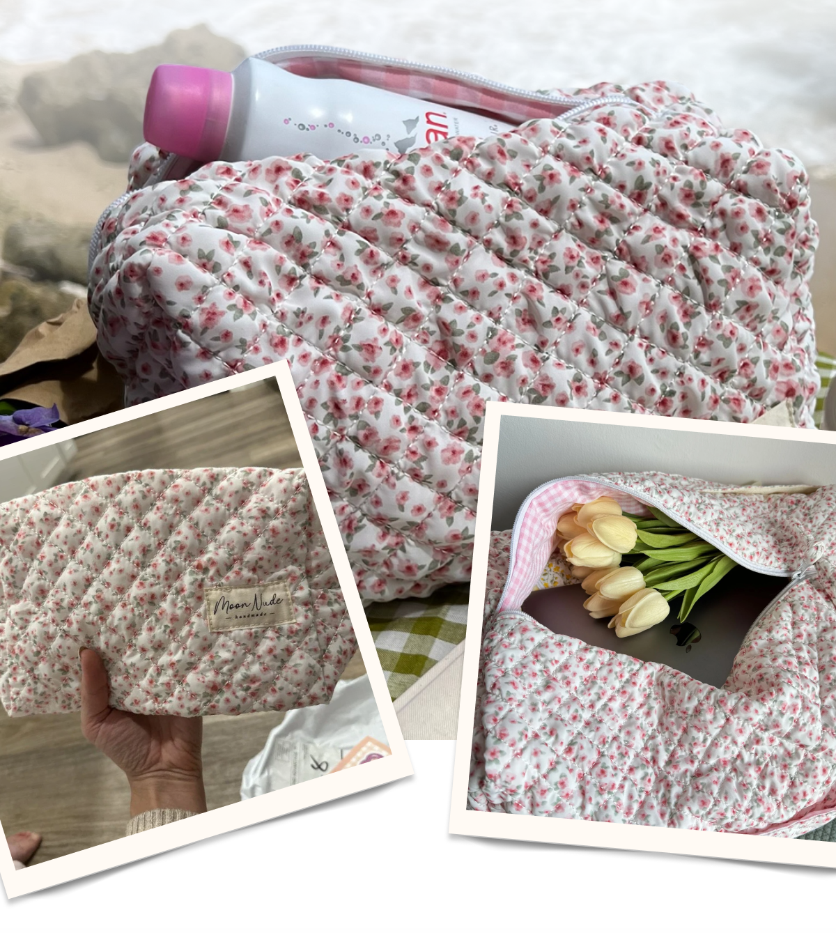 Floral quilted bag with tulips inside.