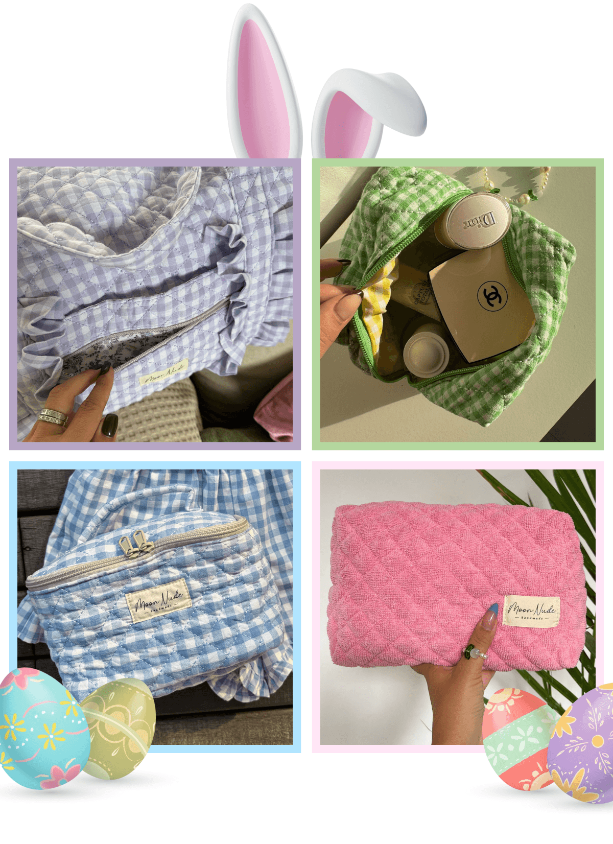 Collage of quilted backpacks and pouches in pastel colors with Easter decorations.