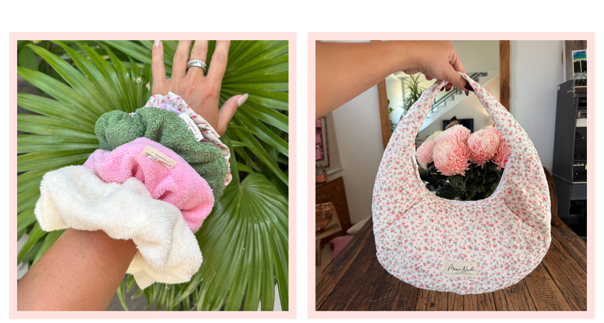 A hand holding colorful scrunchies and a floral bag with pink flowers.