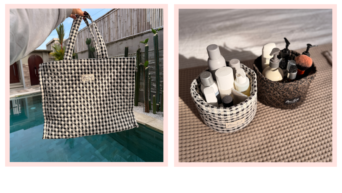 A checkered bag and two containers with various beauty products.