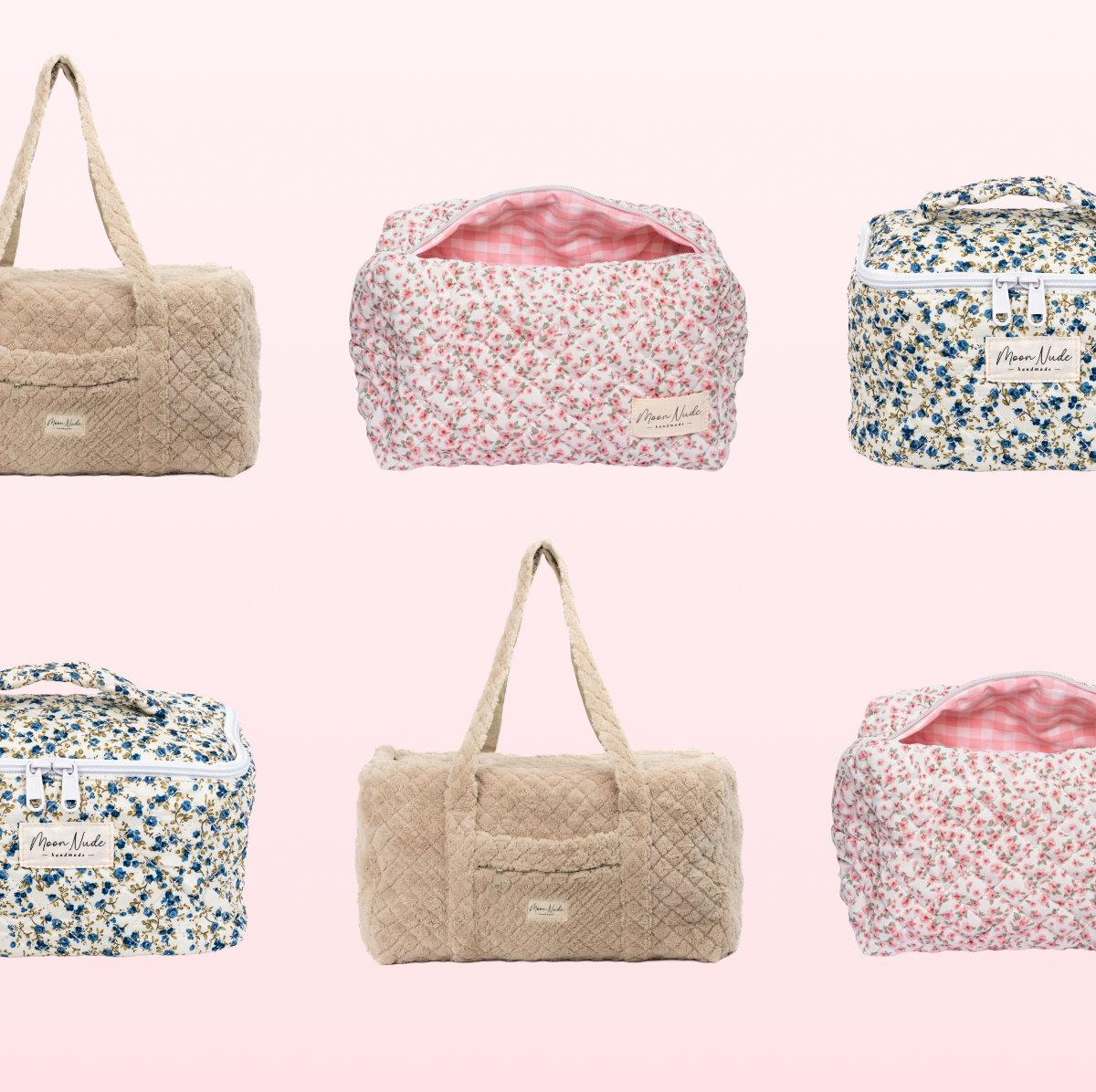Various floral and patterned bags on a pink background.